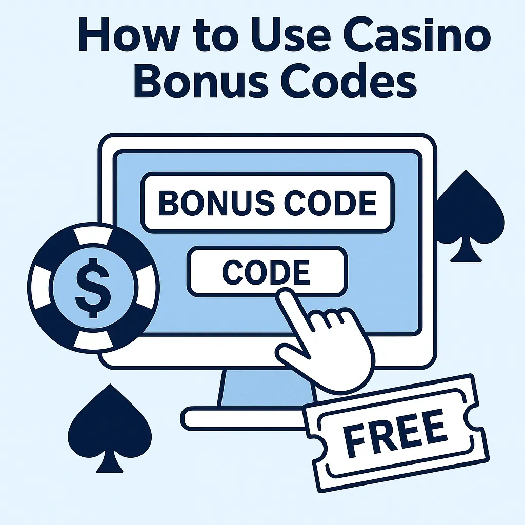 How to Use Casino Bonus Codes - Banner with computer and bonus elements.