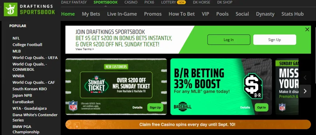 DraftKings - Banner with NFL Sunday Ticket promotion.