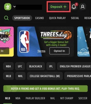 Deposit - Screenshot with sports betting options.