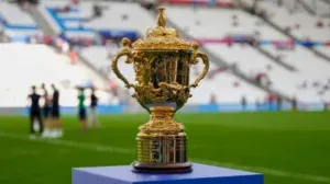 Rugby World Cup - Trophy photo on field.