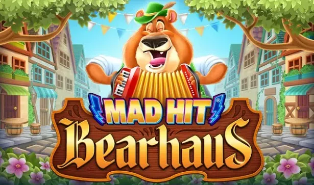 Mad Hit Bearhaus - Banner with a bear playing accordion.