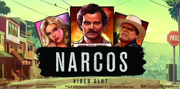 Narcos - Video Slot with characters and cityscape.