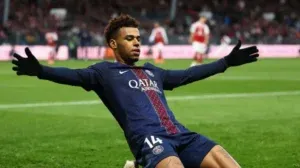 Desire Doué - Portrait celebrating a goal.
