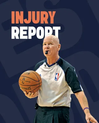 NBA Injury Report - Banner with referee and ball.